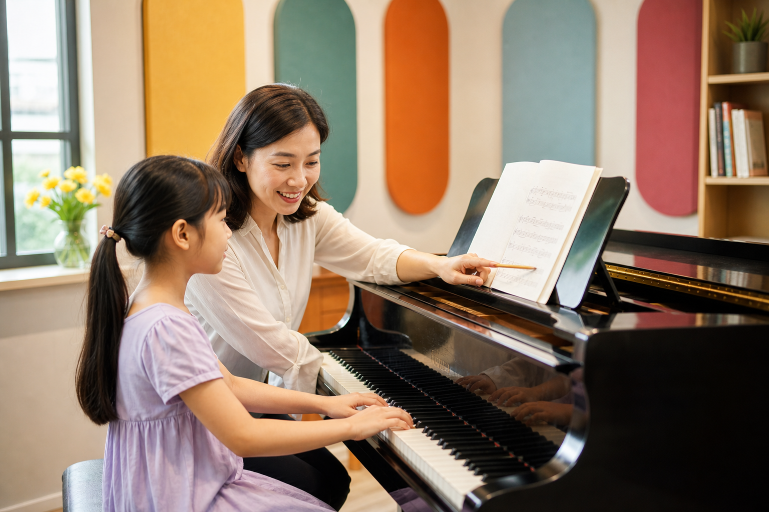 Students playing instruments together in a sunny music studio